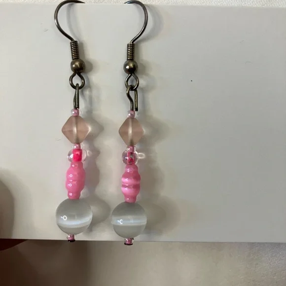 Elegant Pink and Silvertone Beaded Earrings - Picture 1 of 2